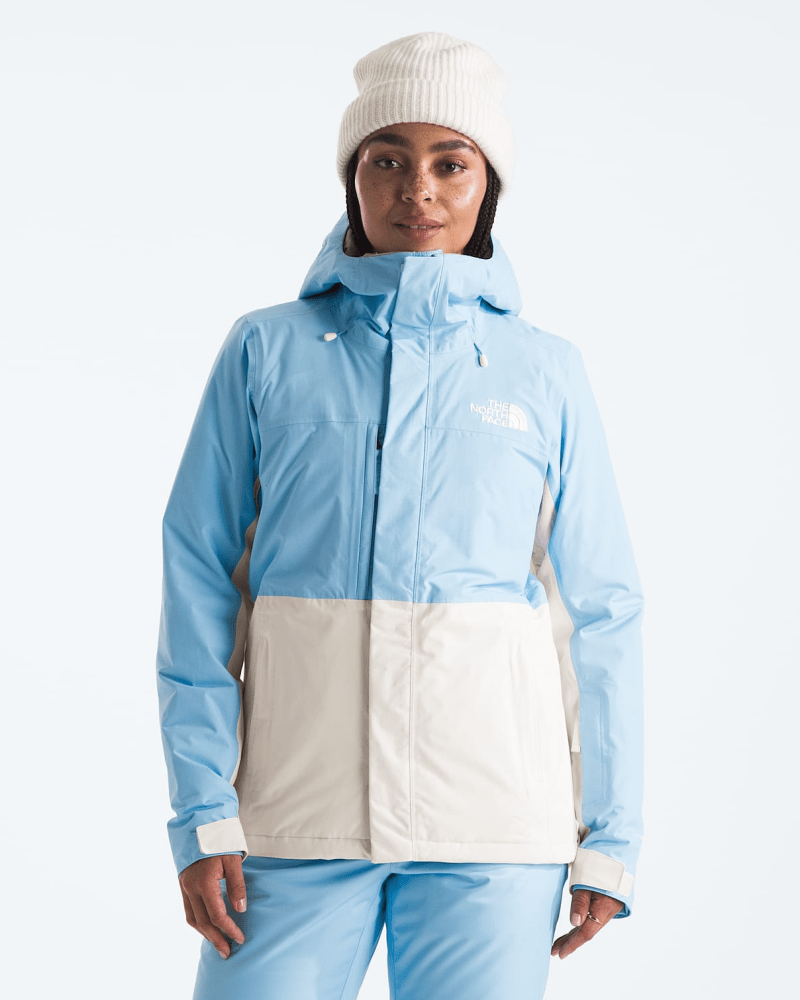 The North Face Freedom Insulated Jacket in light blue and white colorblock colorway