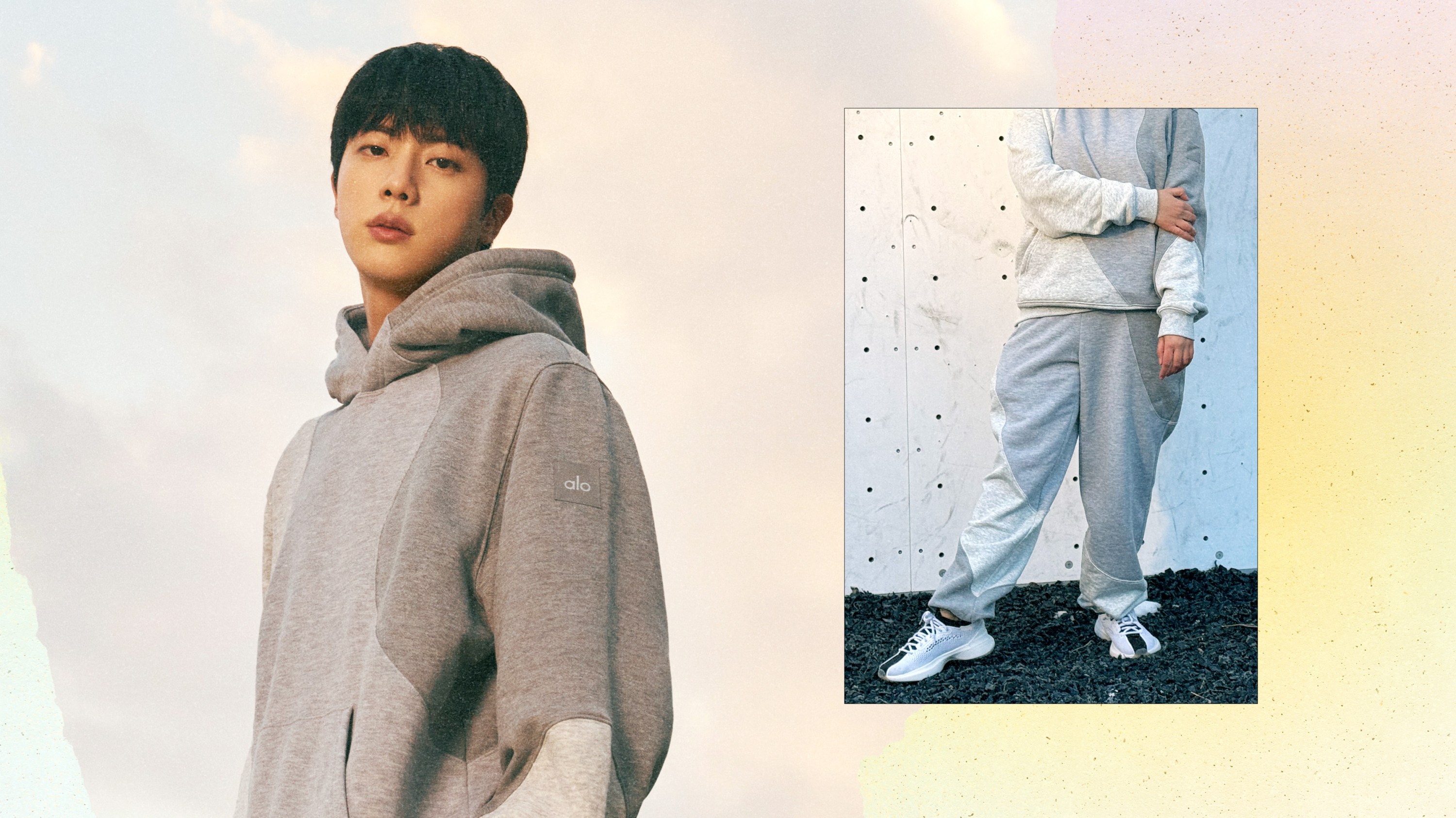 Left: Jin from BTS wearing a grey hoodie from his campaign with Alo Yoga; Right: Lea wearing a matching grey hoodie and sweatpant set from the Alo Yoga x Jin campaign