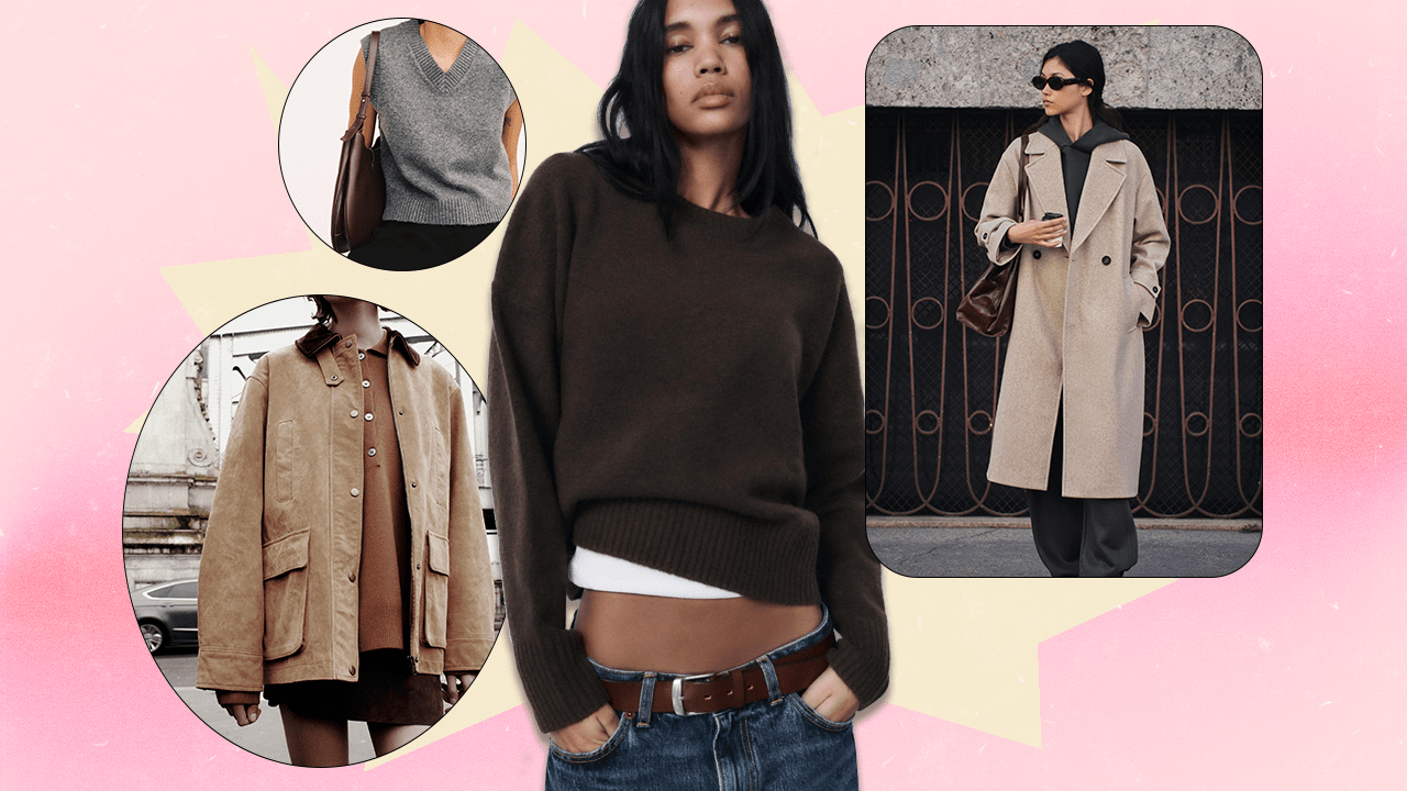 A Zara model wearing a grey sweater vest, a Zara model wearing a light brown barn jacket, a Zara model wearing a brown sweater, and a Zara model wearing a beige long coat.