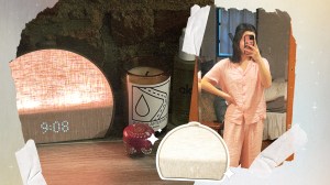 A collage of a woman in pajamas and a hatch alarm clock