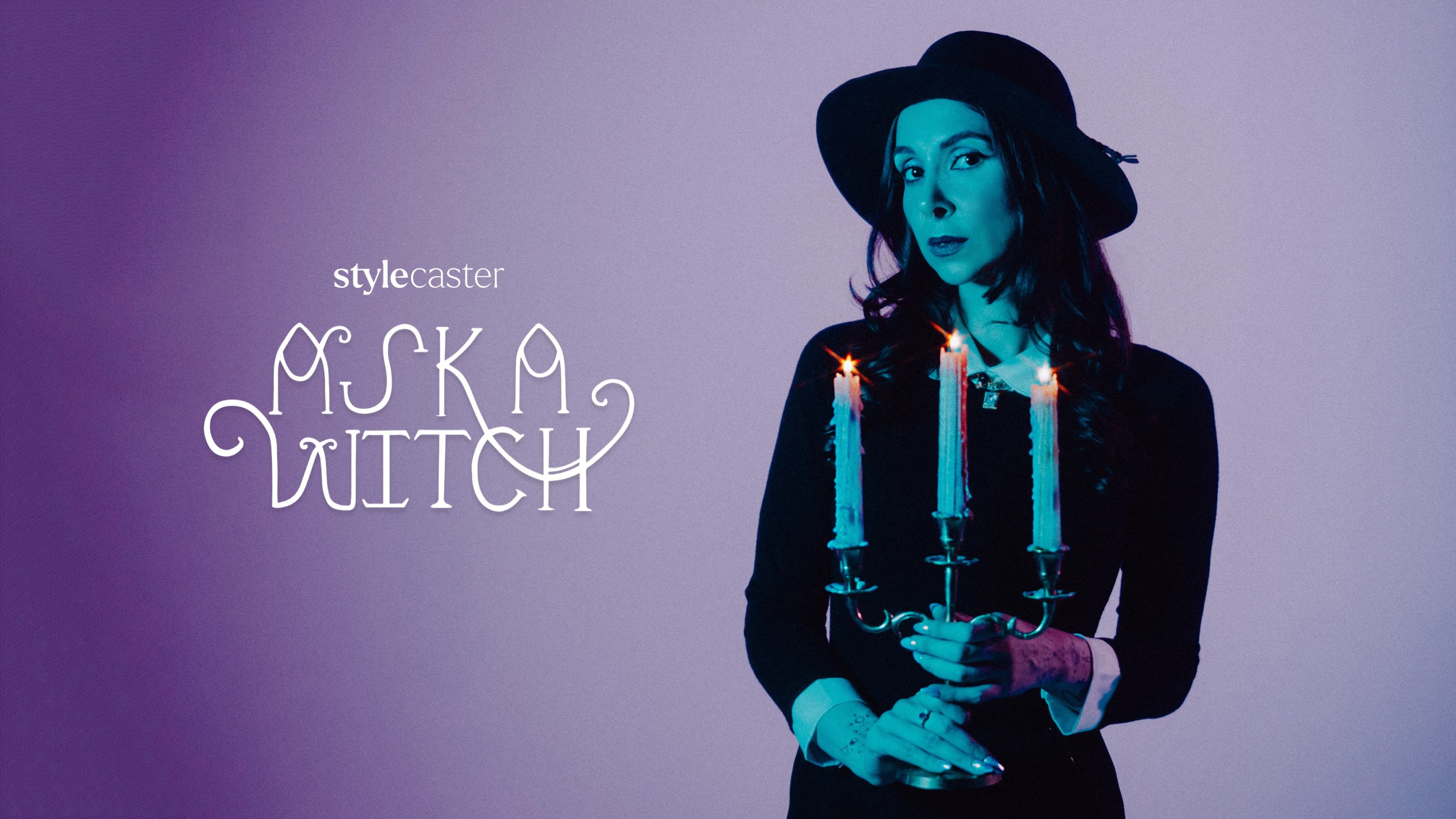Roya Backlund holding a candelabra with a purple background, standing next to the Ask a Witch logo