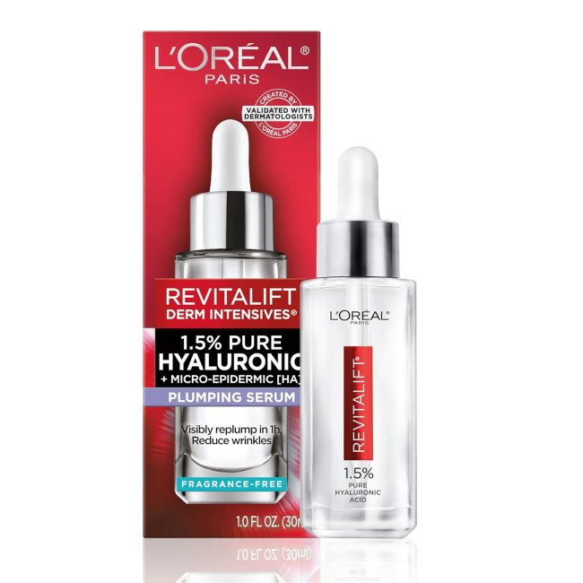 L'Oréal Paris Revitalift 1.5% Pure Hyaluronic Acid Face Serum in a clear bottle.
