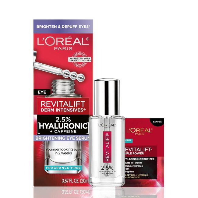 L'Oréal Paris Revitalift Hyaluronic Acid + Caffeine Eye Serum in a clear bottle.