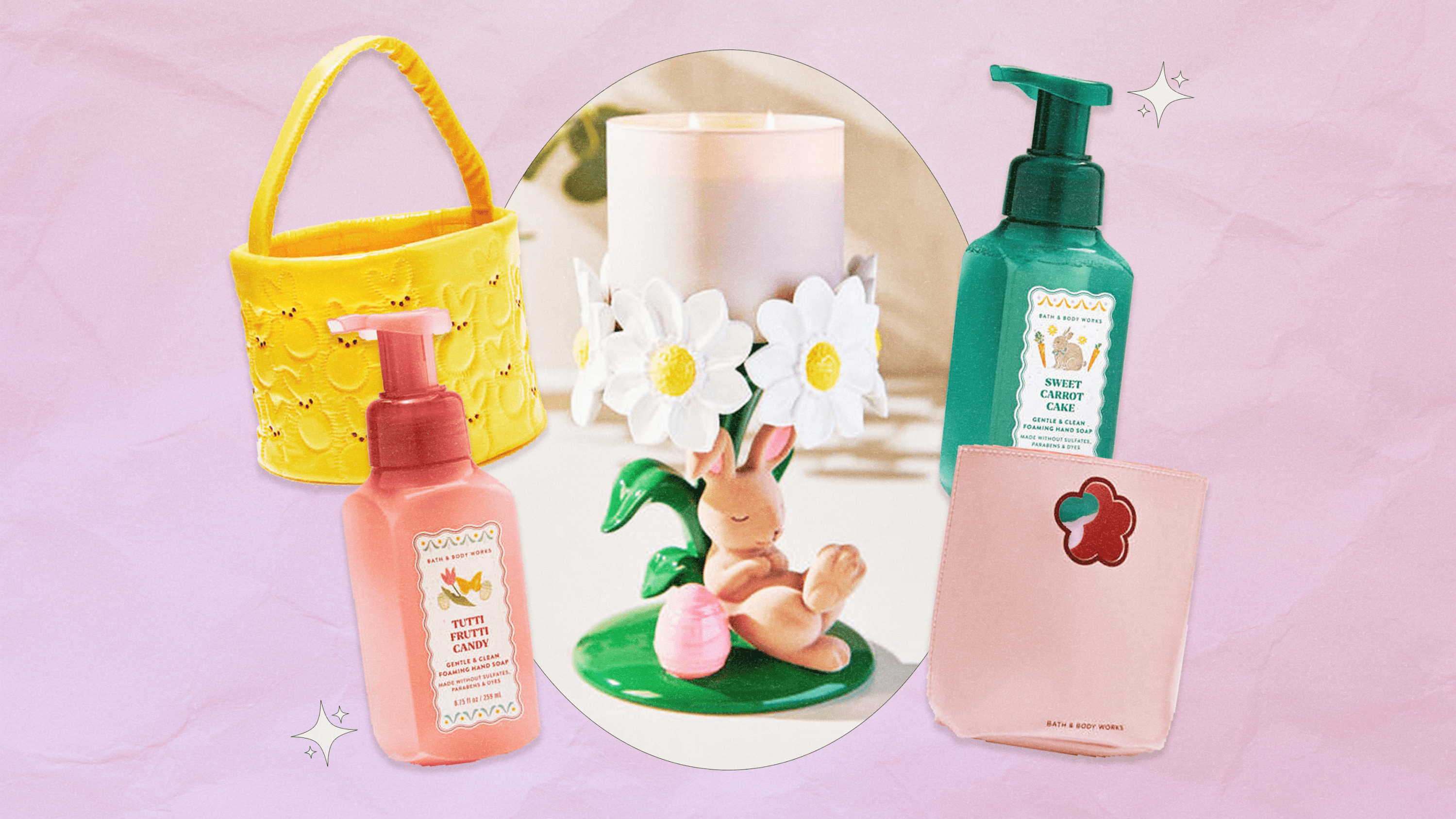 Left to Right: PEEPS x Bath & Body Works puffy yellow Easter bag; Tutti Frutti Candy hand soap; bunny and flower candle holder; Sweet Carrot Cake hand soap; light pink flower cutout gift bag