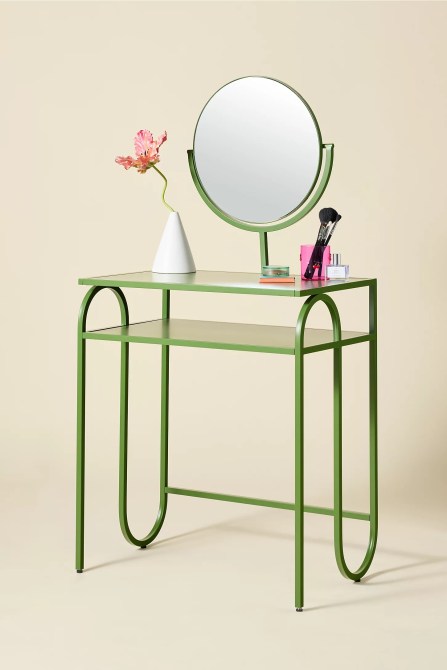 A green mirror vanity