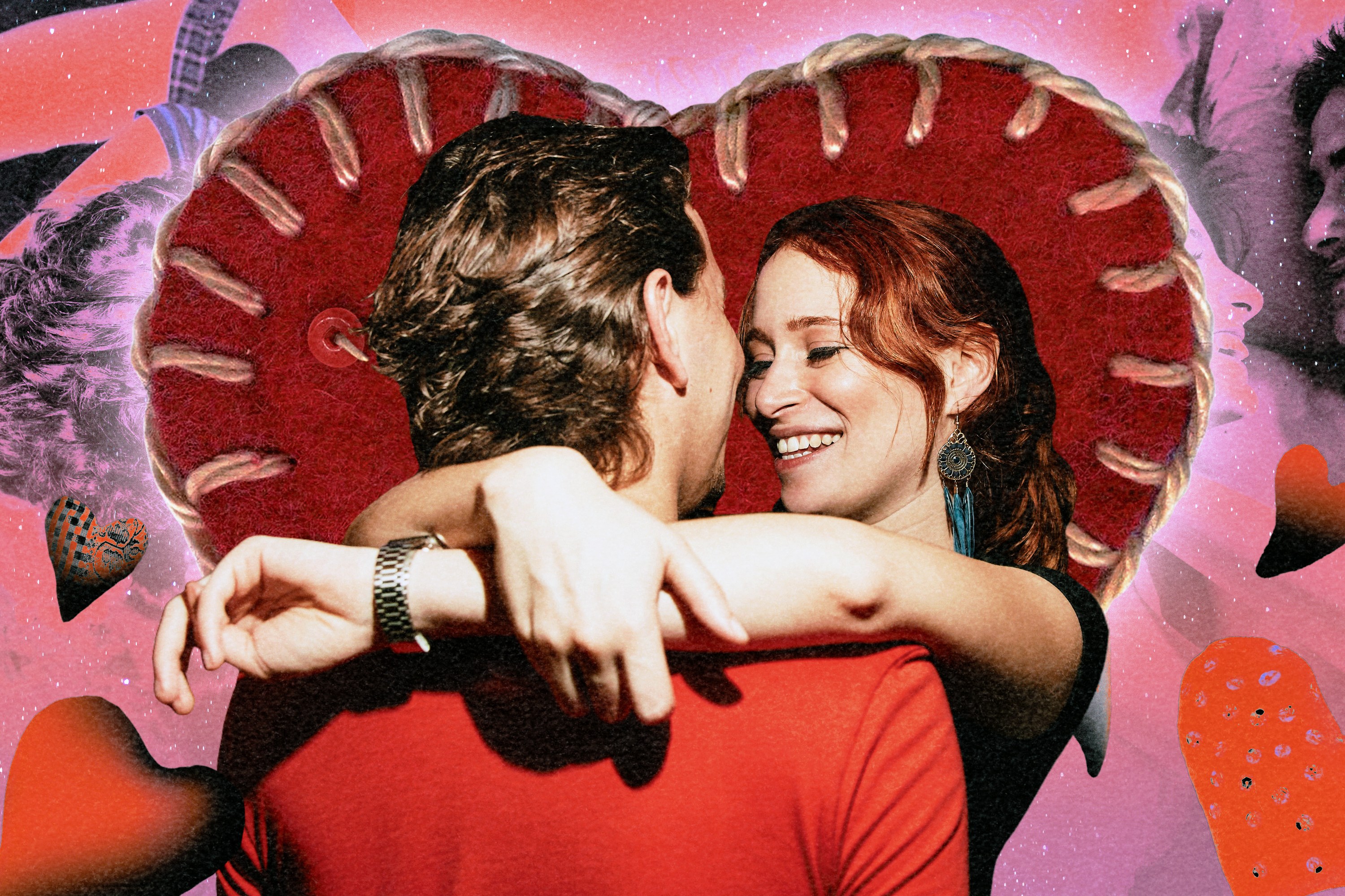 A couple hugging against a background of pink and red hearts