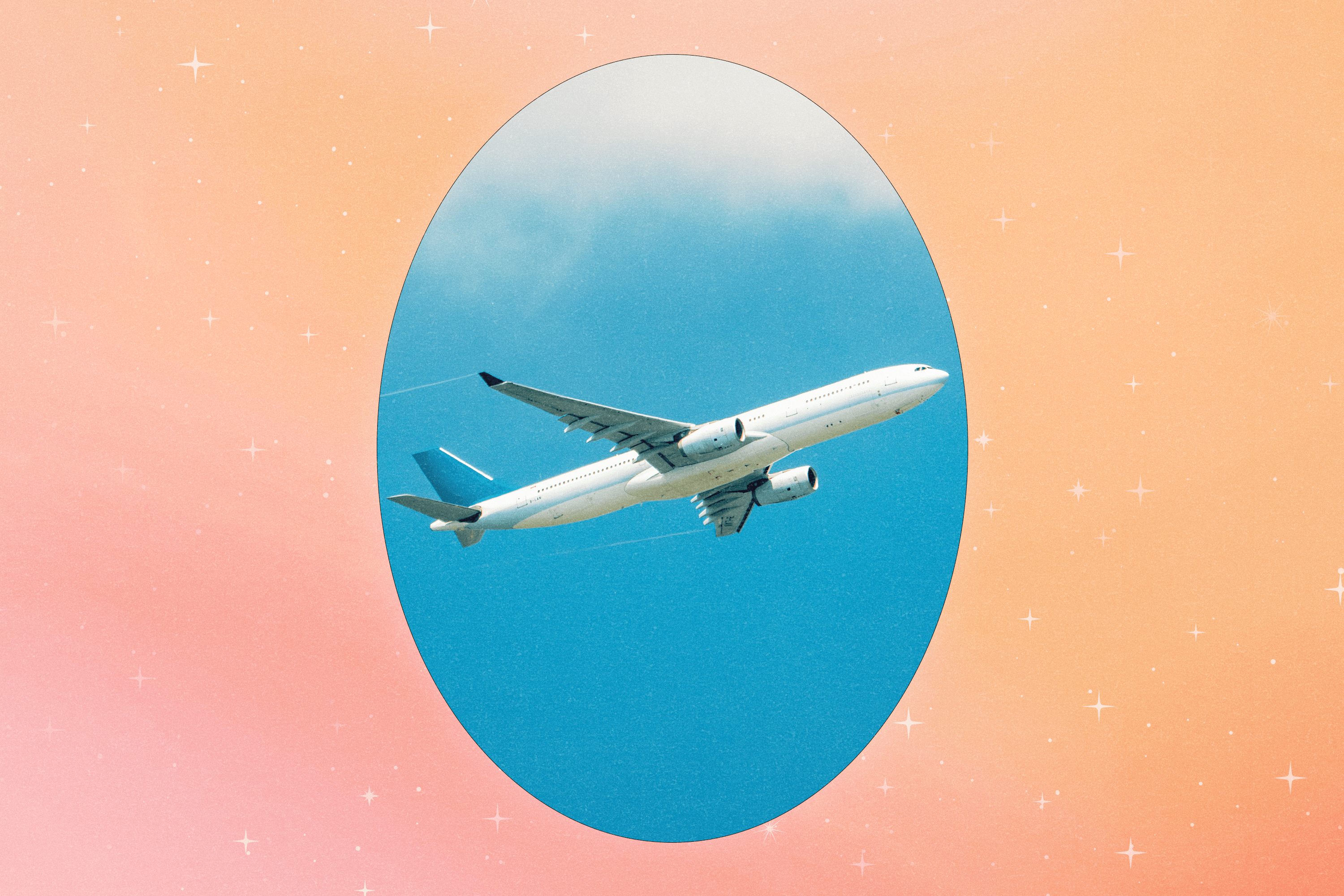 An airplane in the sky sits in front of an orange background.