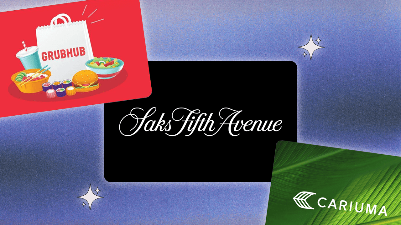 Left to Right: a Grubhub gift card; a Saks Fifth Avenue gift card; a Cariuma gift card.