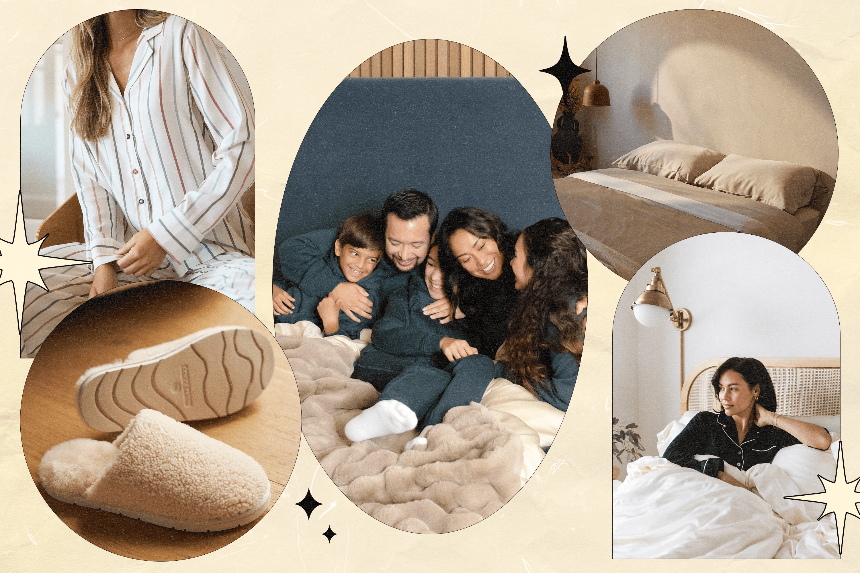 Left to Right: A woman wearing Cozy Earth striped pajamas, Cozy Earth fuzzy slippers, a family wearing Cozy Earth pajamas in bed with a Cozy Earth furry blanket, a bed with beige Cozy Earth sheets, and a woman wearing Cozy Earth pajamas lying upright in bed.