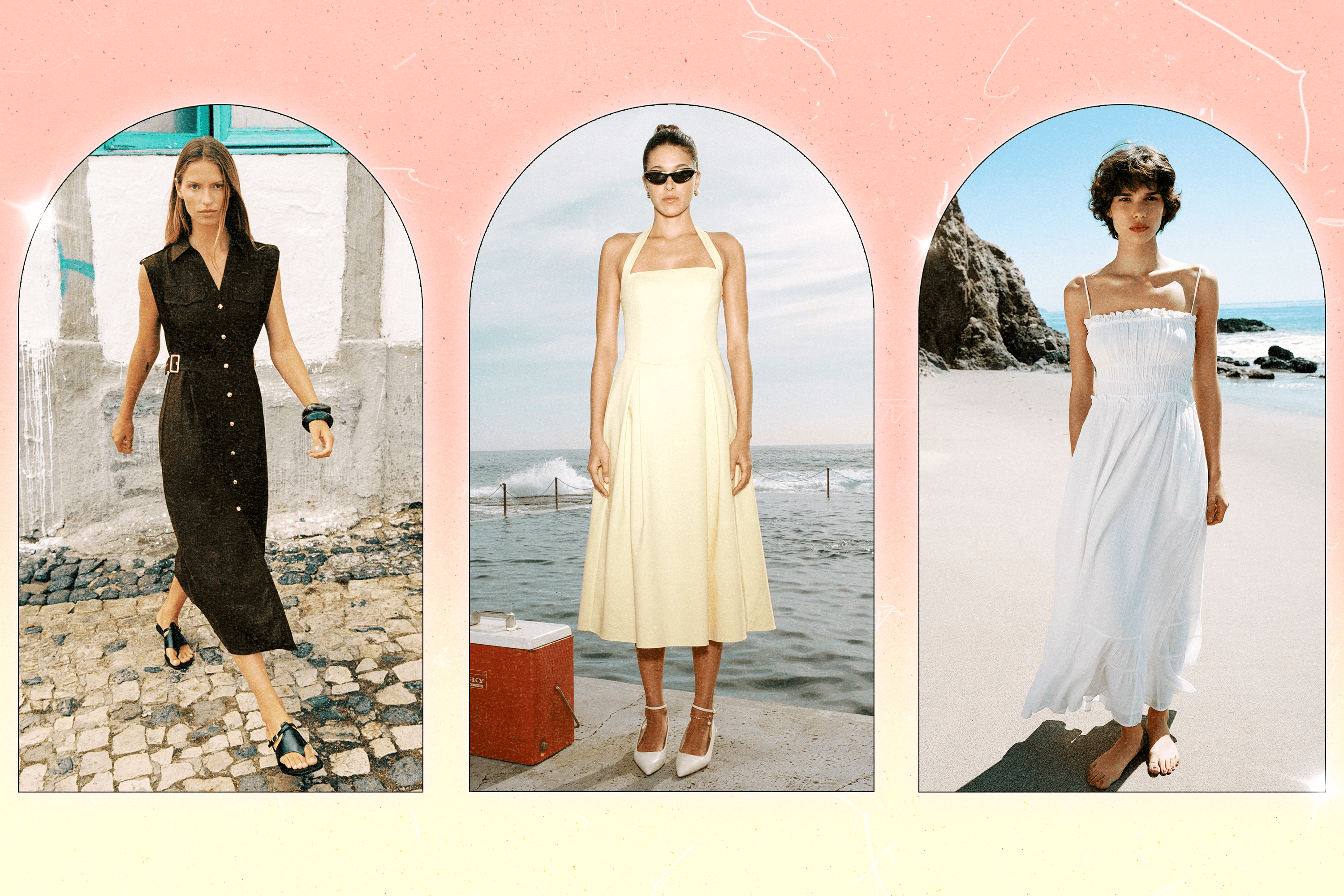 Left to Right: a Zara model wearing a brown sleeveless midi dress; a Meshki model wearing a butter yellow halter midi dress; a Zara model wearing a white, flowy, maxi dress.
