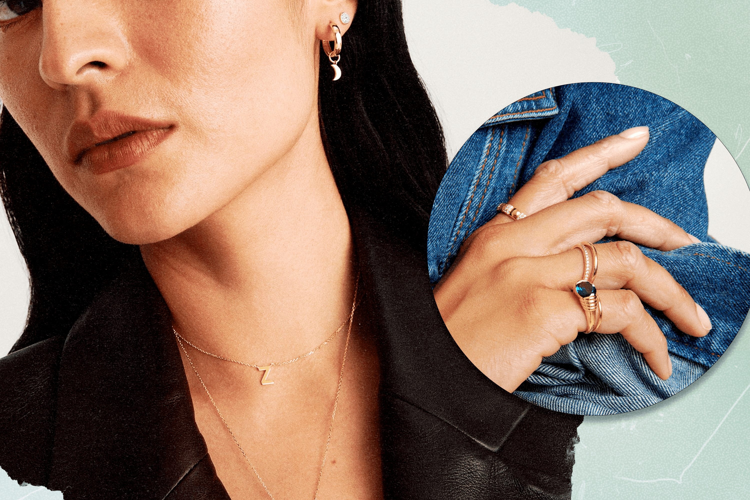 A model wearing Mejuri necklaces and earrings, and a model's hand wearing Mejuri rings.
