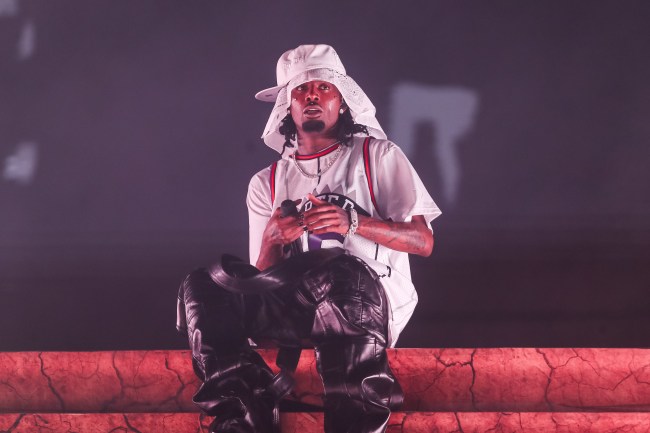 SAO PAULO, BRAZIL - SEPTEMBER 7: Playboi Carti on stage with Abel 'The Weeknd' Tesfaye during the 'After Hours Til Dawn Tour' at MorumBIS on September 7, 2024 in Sao Paulo, Brazil.