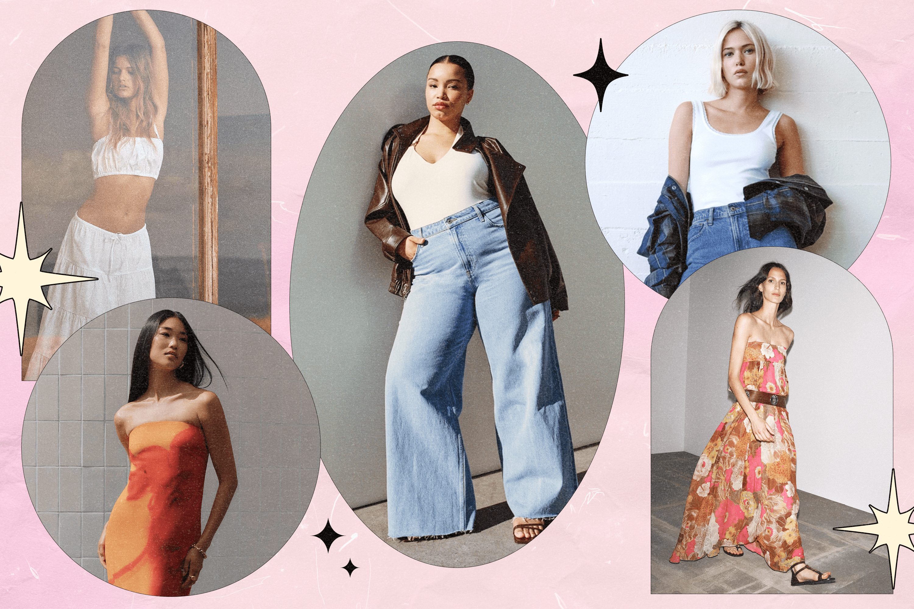 Five models from Zara, Meshki, and Abercrombie & Fitch.