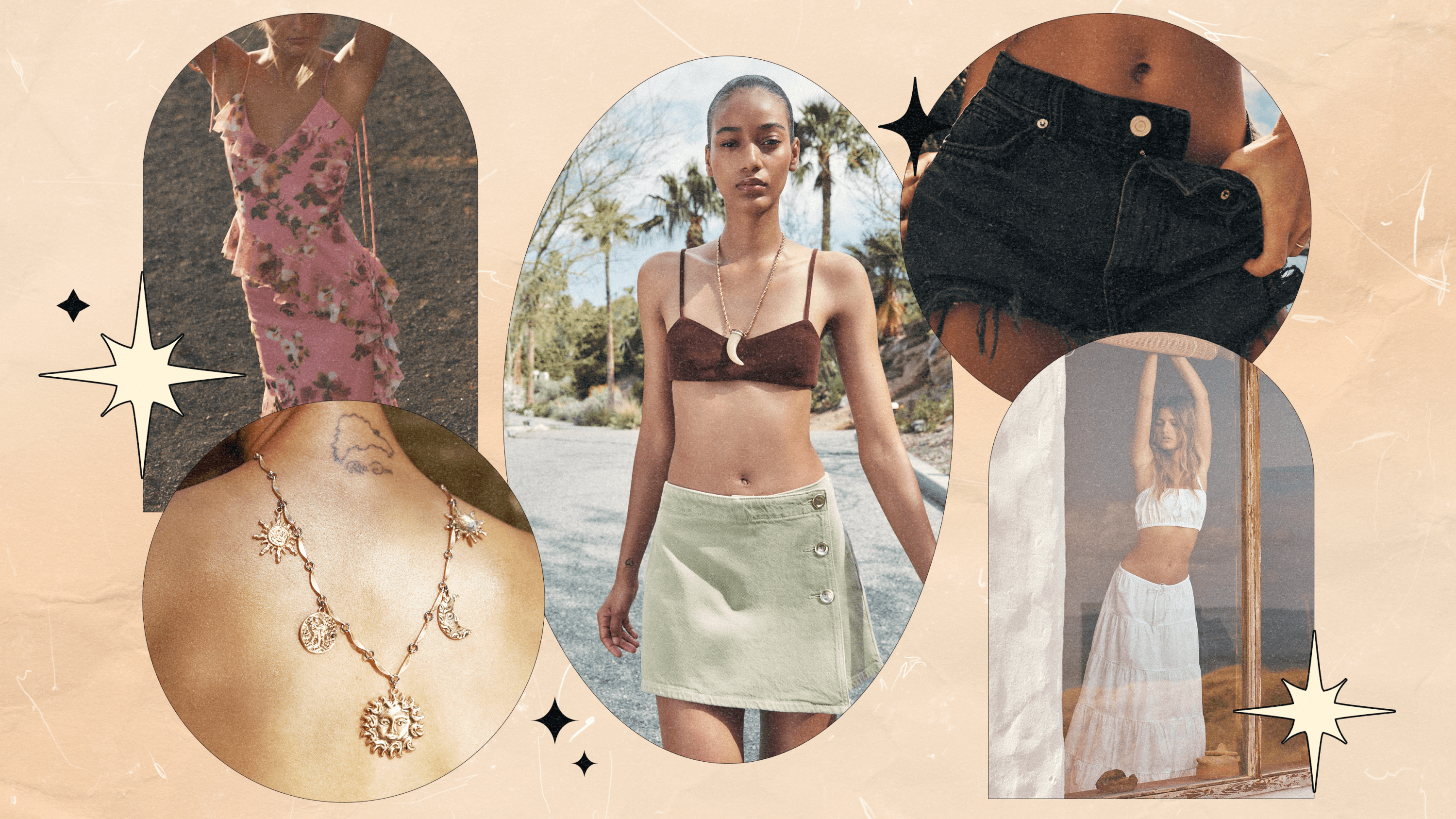Five models wearing clothing and accessories from Zara's festival collection
