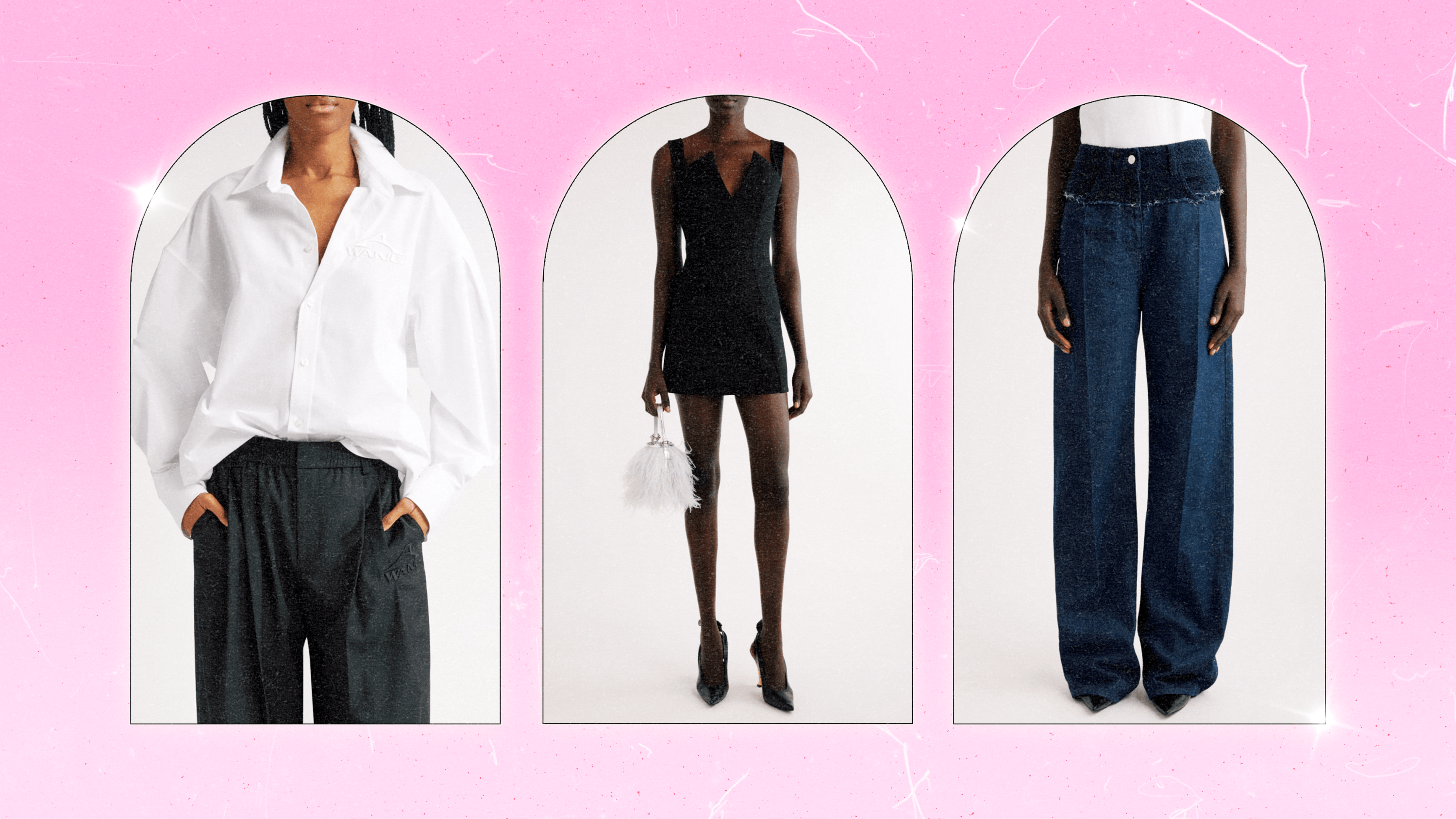 Left to Right: a model wearing an Alexander Wang white button-down top; a model wearing a black Givenchy mini dress; a model wearing indigo blue, baggy Givenchy trouser-style jeans.