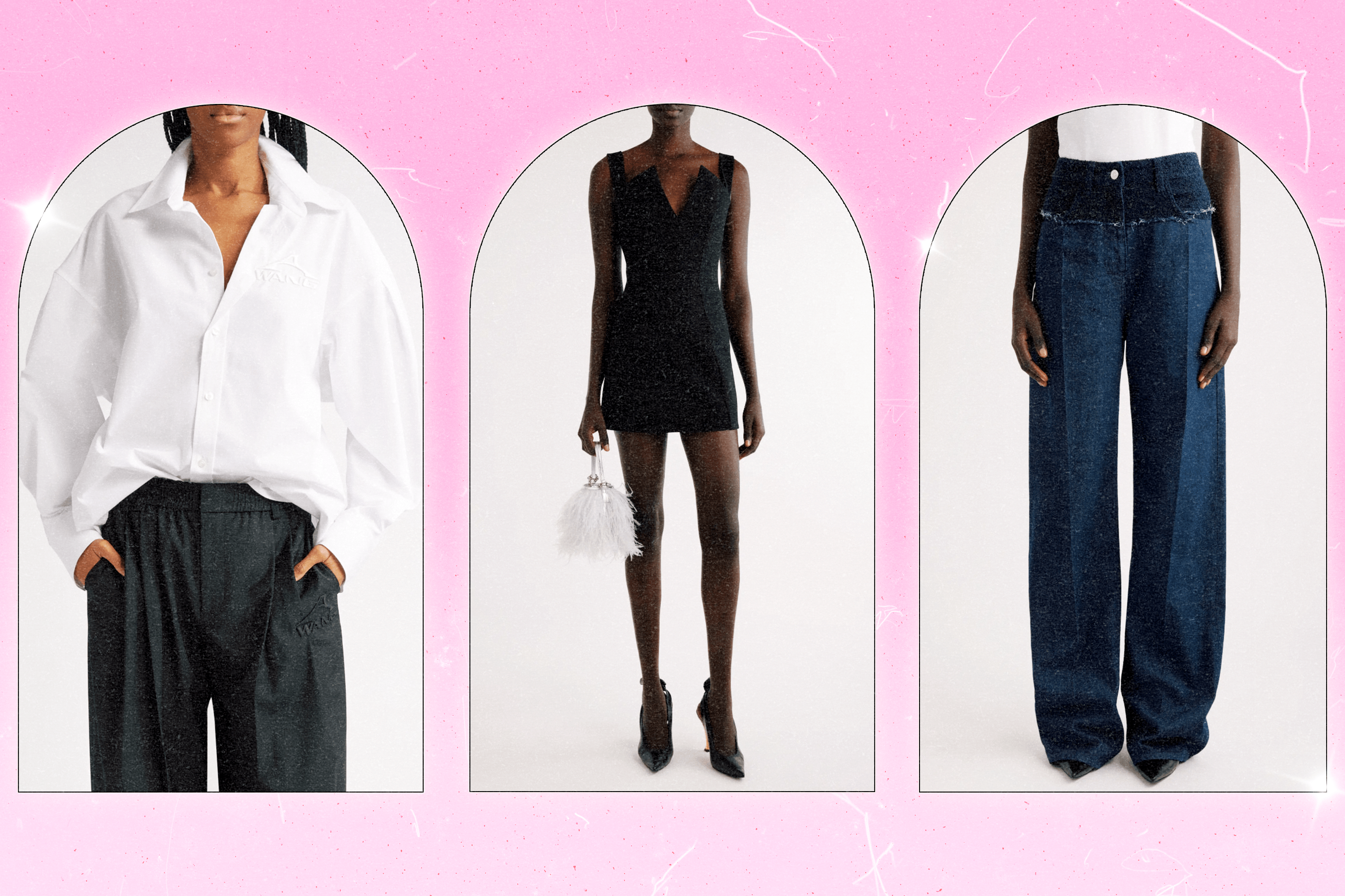 Left to Right: a model wearing an Alexander Wang white button-down top; a model wearing a black Givenchy mini dress; a model wearing indigo blue, baggy Givenchy trouser-style jeans.