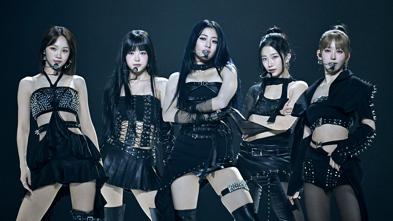 MANCHESTER, ENGLAND - NOVEMBER 10: (L-R) Kim Chae-won, Hong Eun-chae, Huh Yun-jin, Kazuha and Sakura Miyawaki  from Le Sserafim on stage during the MTV Europe Music Awards 2024 held at Co-op Live on November 10, 2024 in Manchester, England.