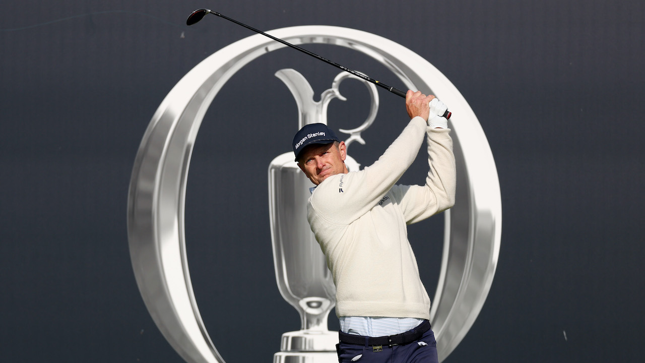 Justin Rose of England tees off on the first hole during a practice round prior to The 153rd Open Championship at Royal Portrush Golf Club on July 16, 2025 in Portrush, Northern Ireland.