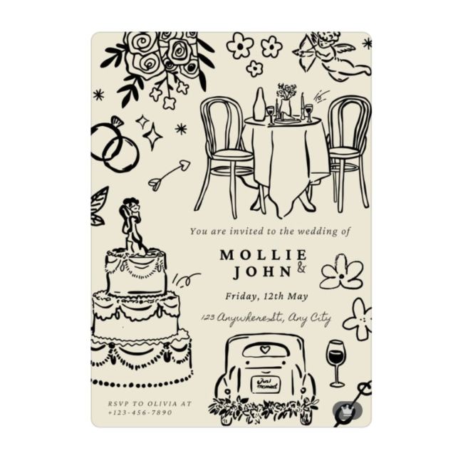 Canva Black & Cream Illustrative Wedding Invitation