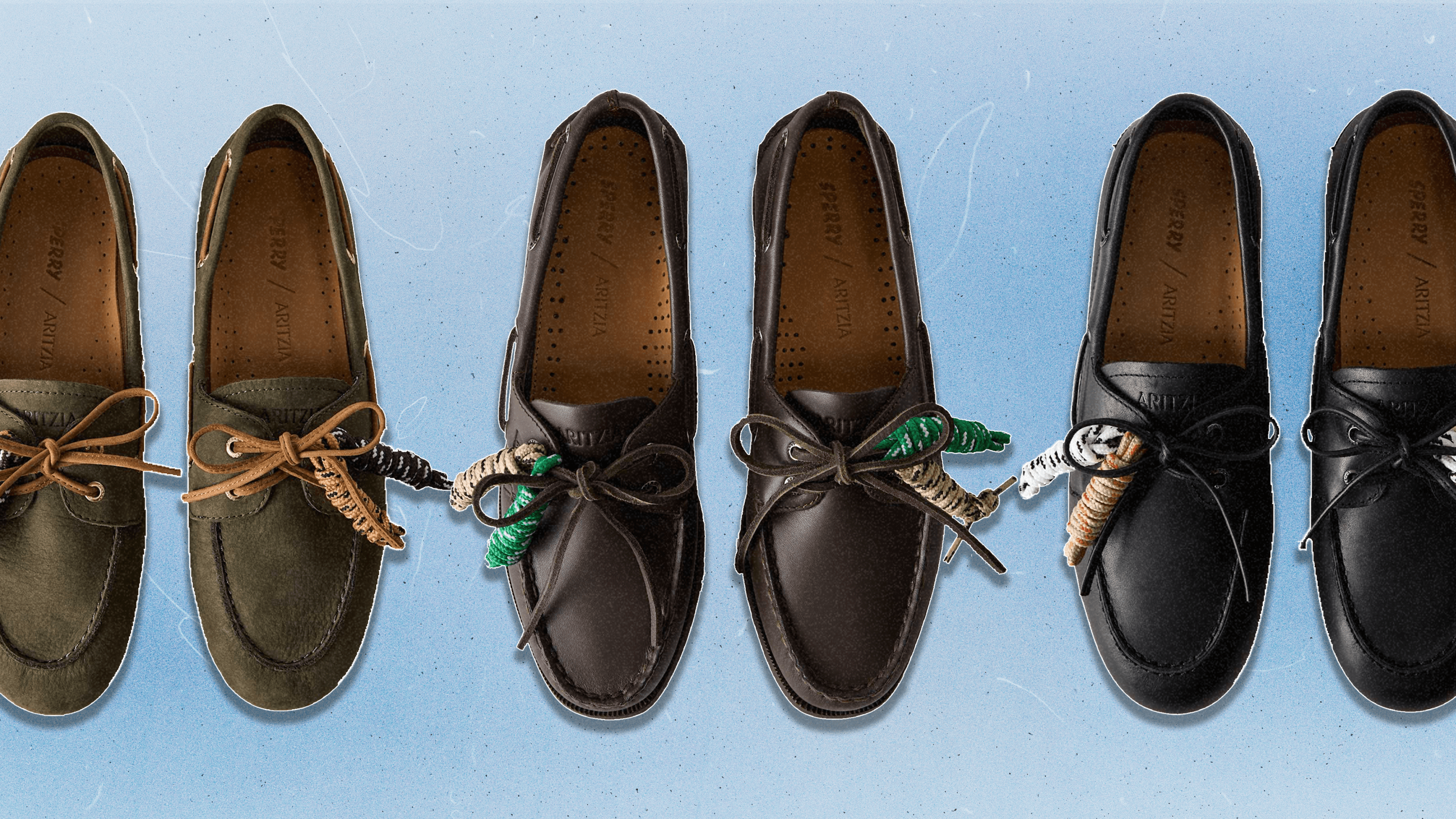 Three pairs of shoes from the Aritzia x Sperry boat shoe collection, second drop (left to right: green, brown, and black).