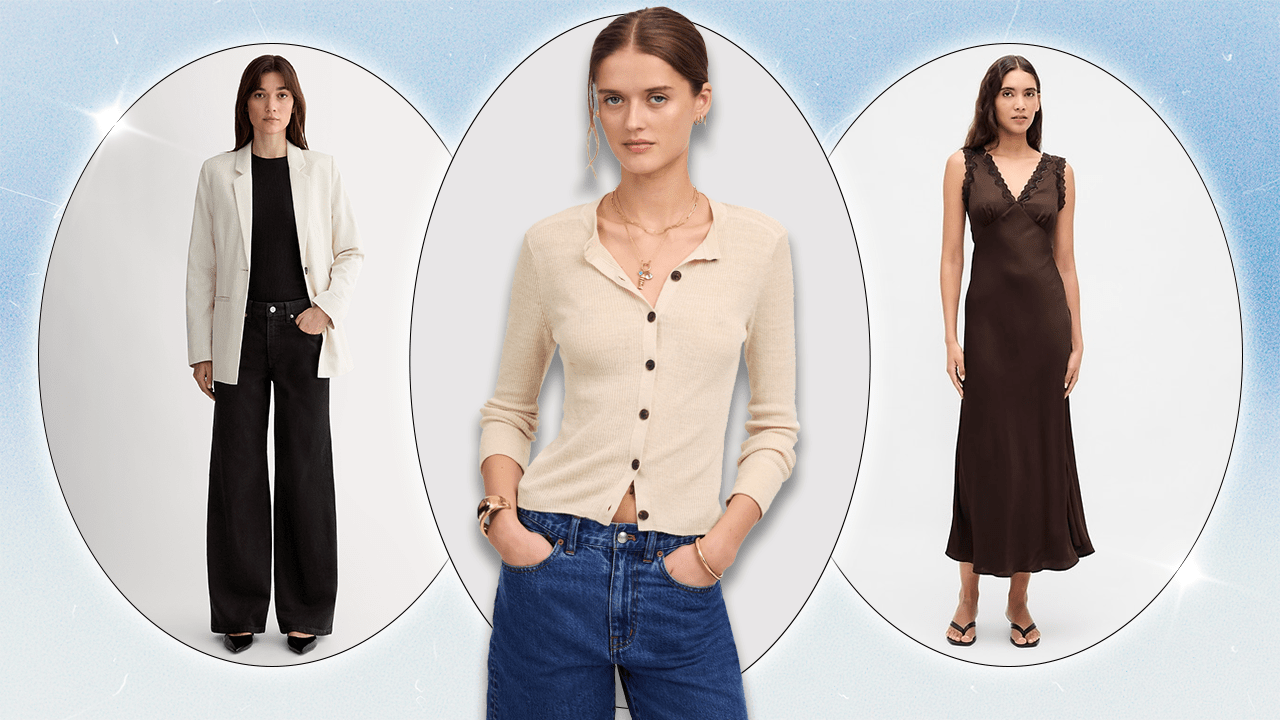 Left to Right: an Everlane model wearing black jeans, a black top, and a white blazer; a Madewell model wearing an off-white linen cardigan and blue jeans; a Gap model wearing a dark brown and black lace trim slip maxi dress.