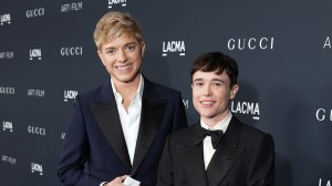 LOS ANGELES, CALIFORNIA - NOVEMBER 05: (L-R) Mae Martin and Elliot Page, wearing Gucci, attend the 2022 LACMA ART+FILM GALA Presented By Gucci at Los Angeles County Museum of Art on November 05, 2022 in Los Angeles, California.