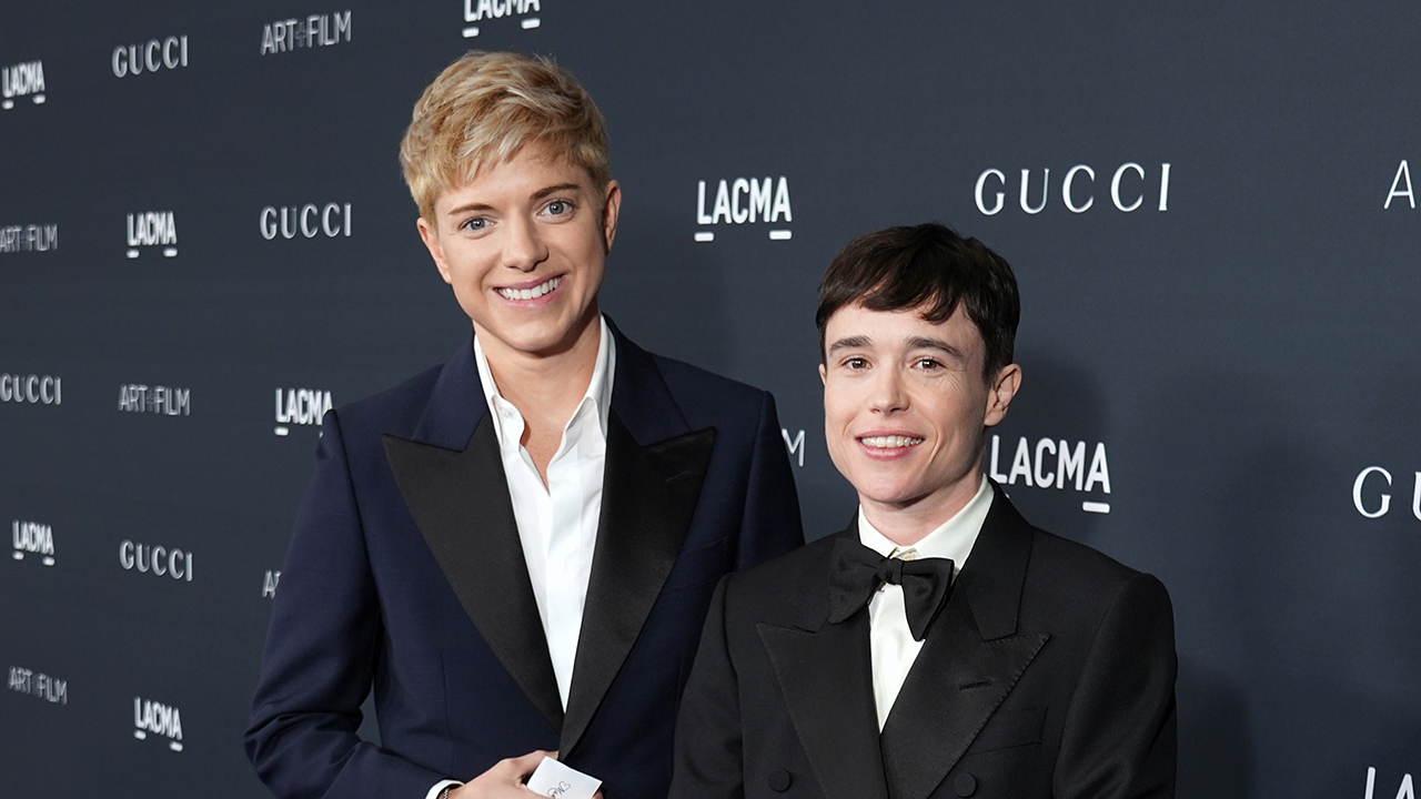 LOS ANGELES, CALIFORNIA - NOVEMBER 05: (L-R) Mae Martin and Elliot Page, wearing Gucci, attend the 2022 LACMA ART+FILM GALA Presented By Gucci at Los Angeles County Museum of Art on November 05, 2022 in Los Angeles, California.