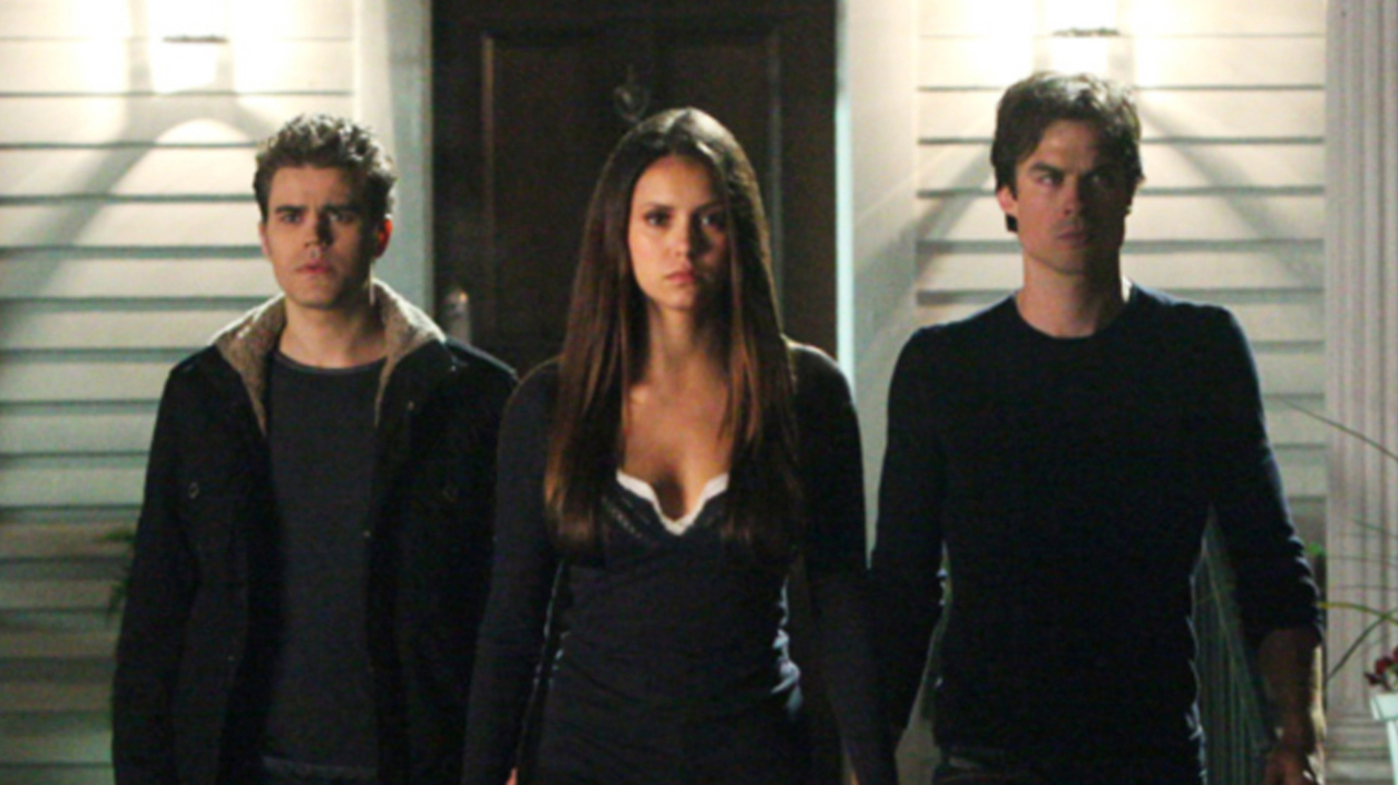 THE VAMPIRE DIARIES, l-r: Paul Wesley, Nina Dobrev, Ian Somerhalder in 'Stand By Me' (Season 4, Episode 15, aired February 21, 2013).
