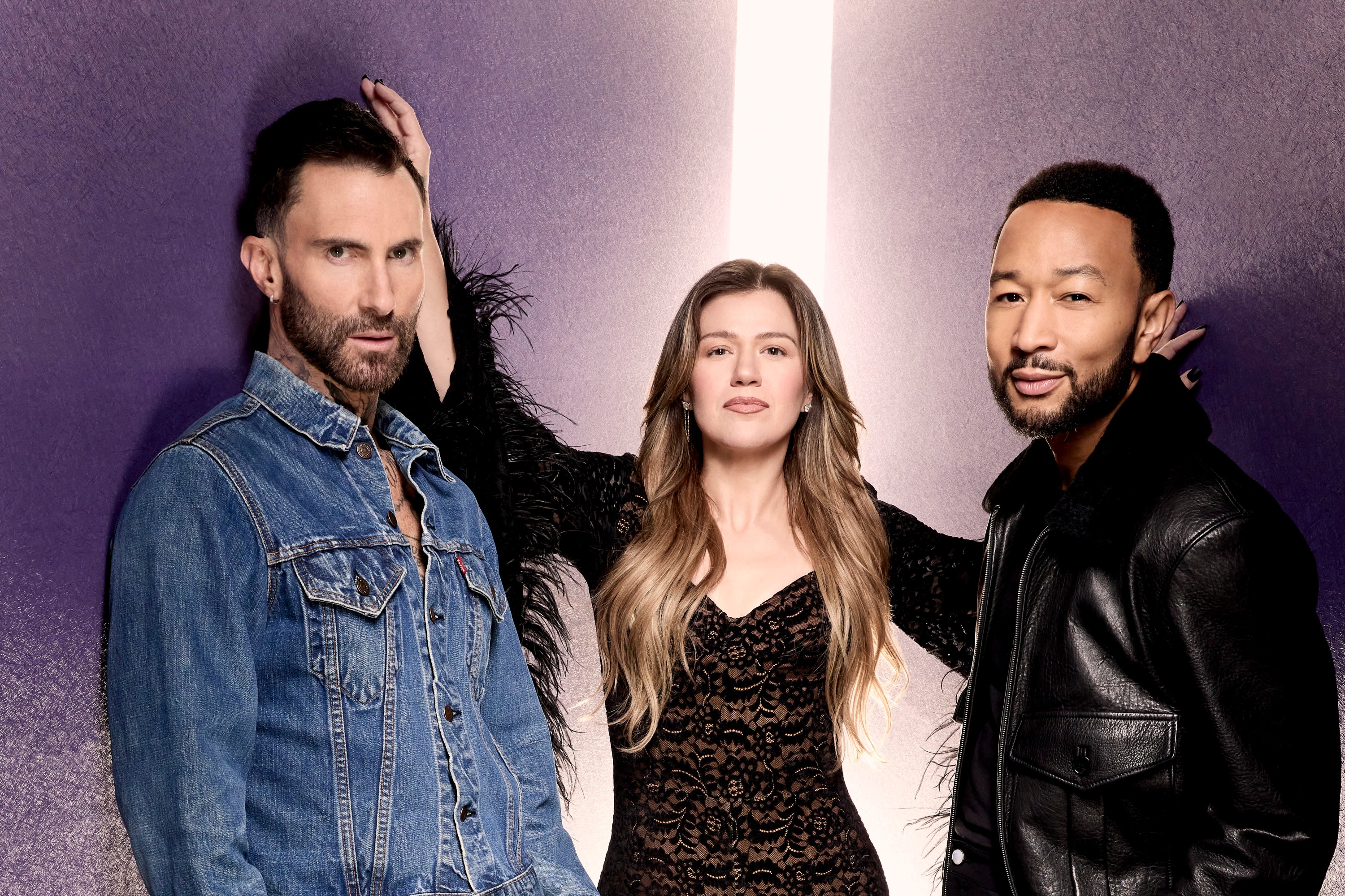 THE VOICE -- Season: 29 -- Pictured: (l-r) Adam Levine, Kelly Clarkson, John Legend