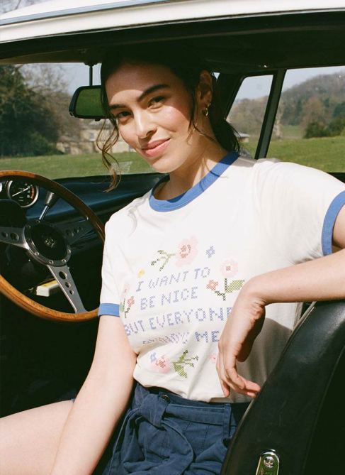 Joanie Rosie Cross Stitch Slogan Ringer Tee