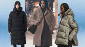 Left to Right: a model wearing a black, long Aritzia puffer coat; a model wearing a light brown, long, sherpa Alo Yoga coat; a model wearing a shiny, olive green, mid-length Canada Goose puffer coat.