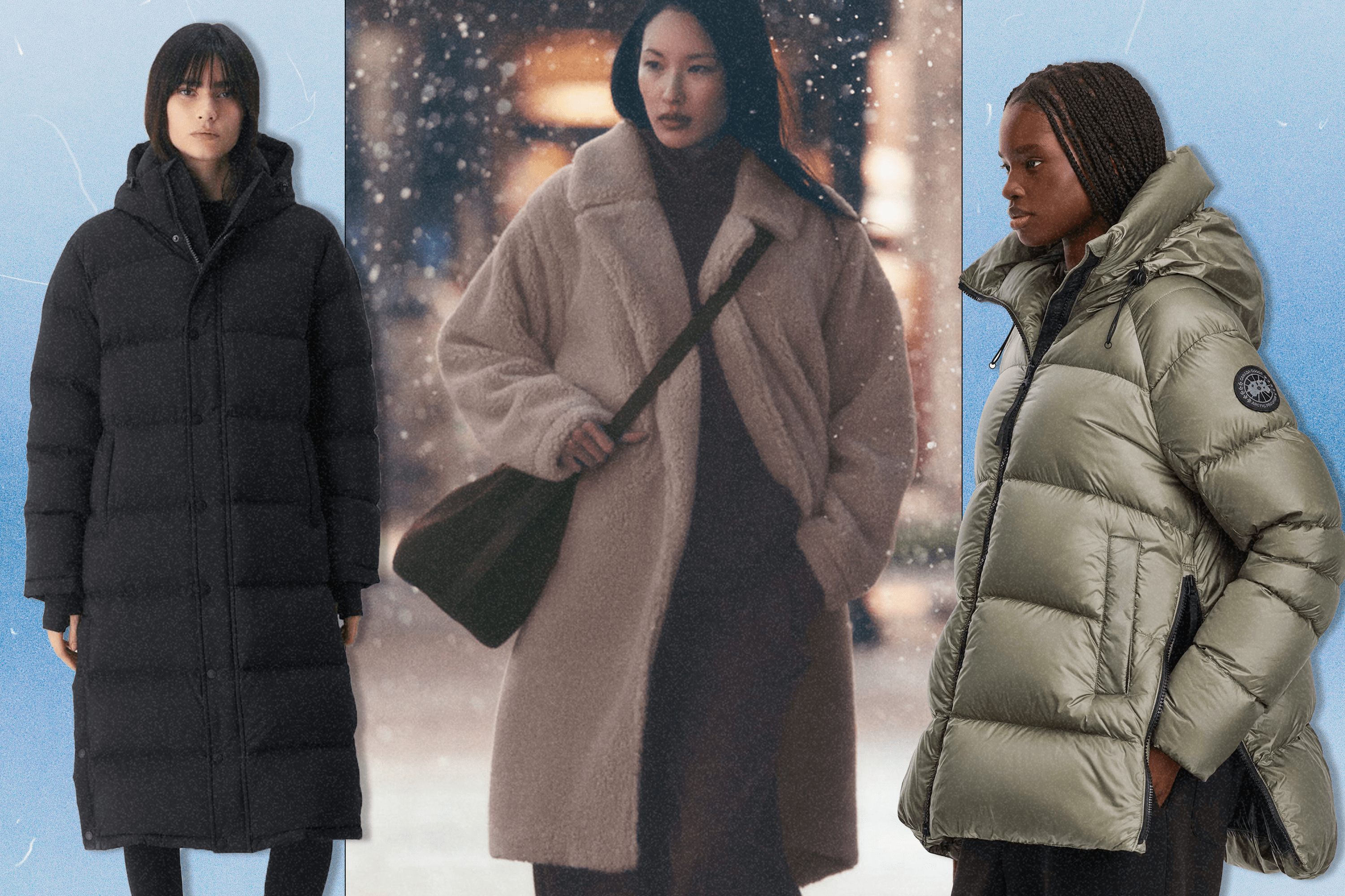 Left to Right: a model wearing a black, long Aritzia puffer coat; a model wearing a light brown, long, sherpa Alo Yoga coat; a model wearing a shiny, olive green, mid-length Canada Goose puffer coat.