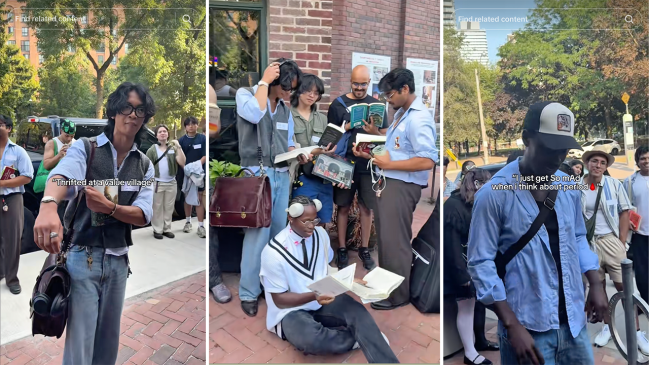 Three screenshots from @jen.trt's TikTok video of a performative male contest in Toronto