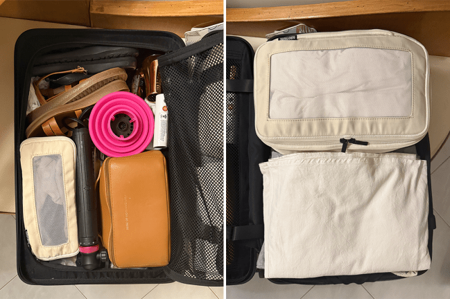 Left: The left side of Jenzia's packed Quince Small Carry-On Suitcase; Right: The right side of Jenzia's packed Quince Small Carry-On Suitcase.