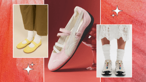 A coral-colored background with three photos. The center photo features a pair of pink Puma ballet sneakers, the left photo features a pair of yellow Charlotte Stone Mary Jane Sneakers, and the right photo features a pair of Salomon sneakers.