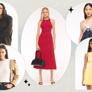 A collage of five images showing Abercrombie models wearing spring and summer clearance items (a brown long-sleeeve sweater, a white sleeveless sweater top, a red midi dress, a navy and white lace cami top, and a yellow mini dress).