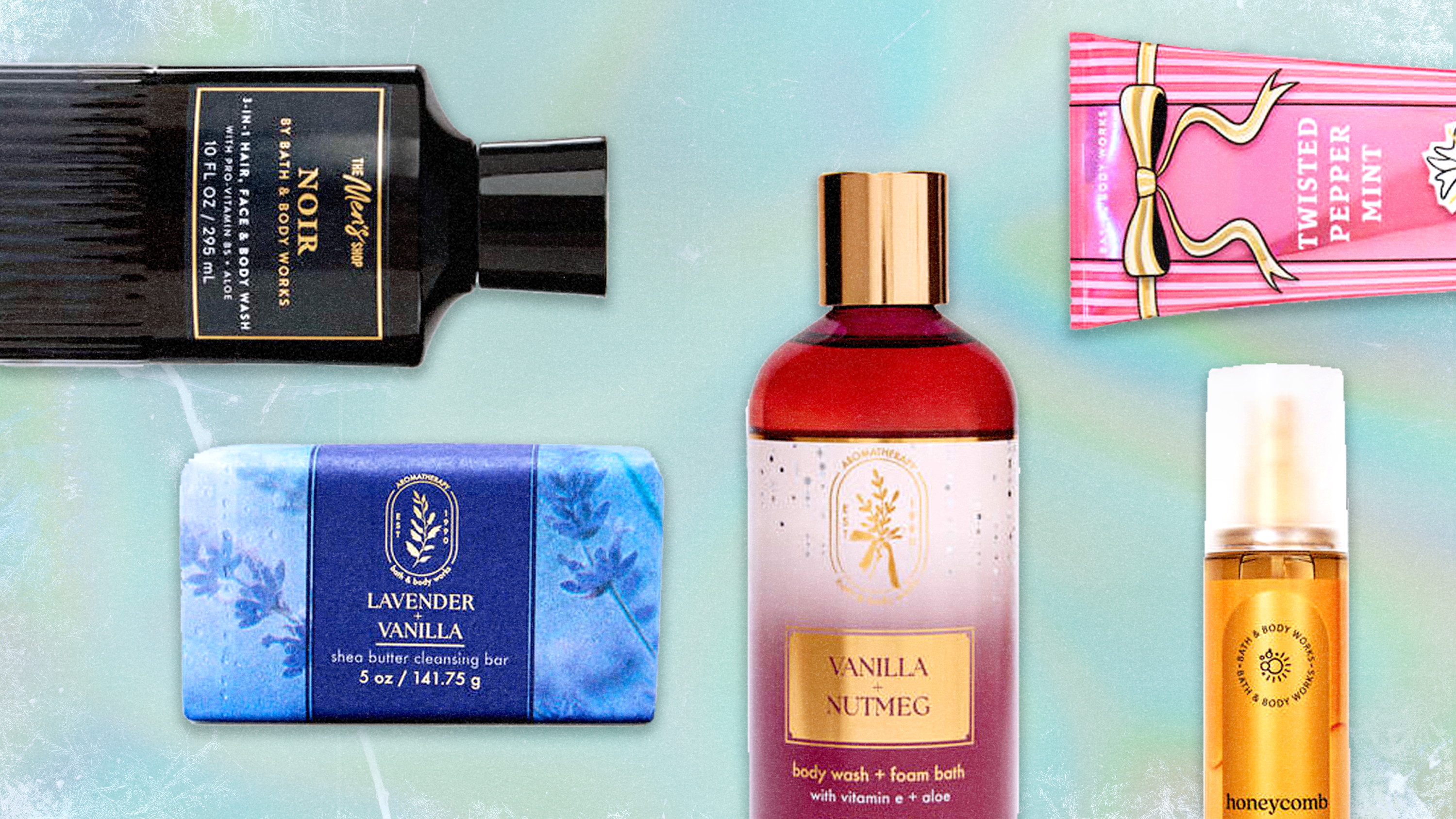 Five Bath & Body Works products (body wash, cleansing bar, perfume mist, body wash, and body cream)