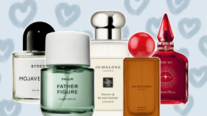 Blue background with heart illustrations and five perfume bottles.