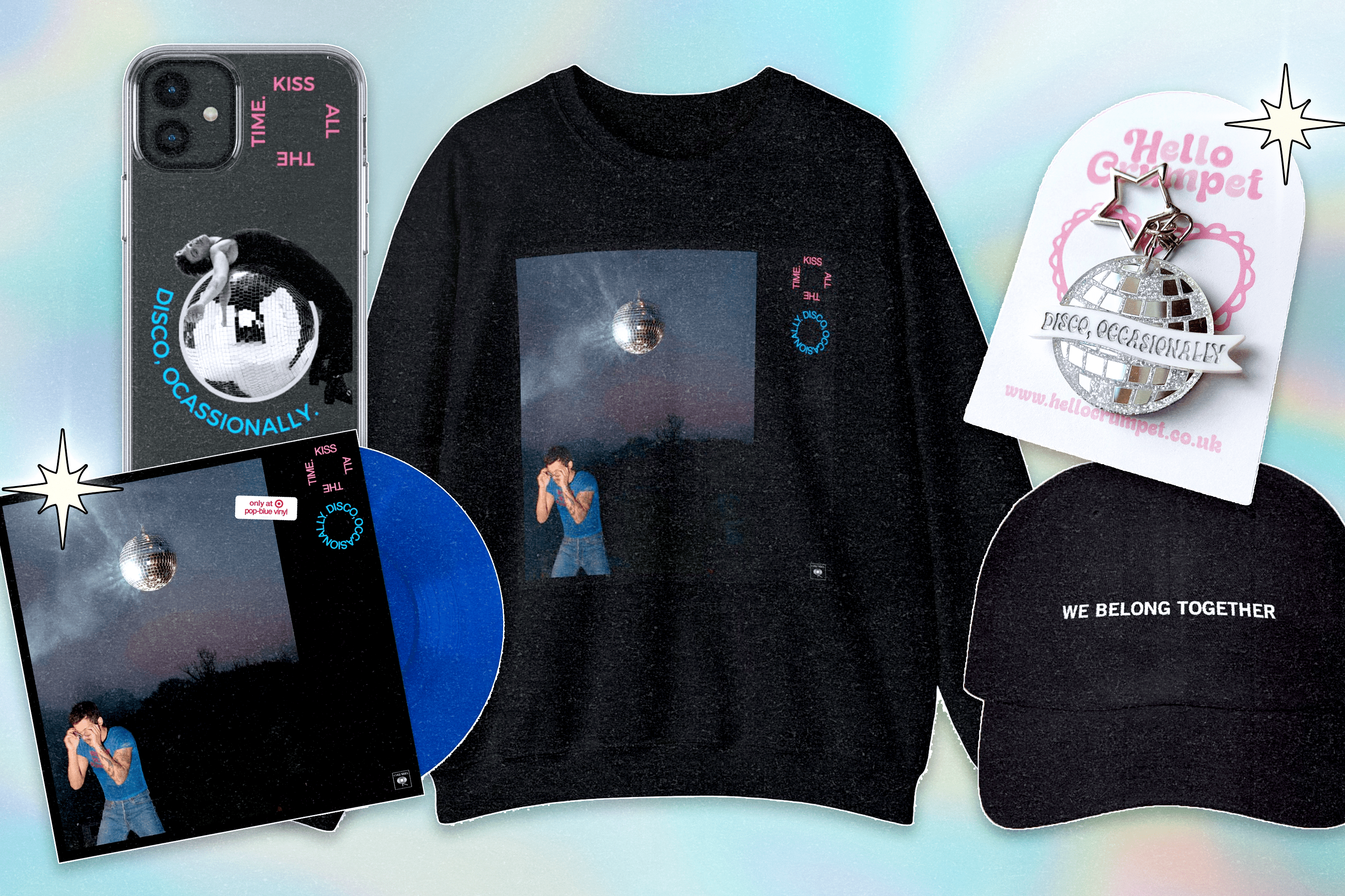 A collage of Harry Styles Kiss All the Time. Disco, Occasionally. Merch (phone case, vinyl record, sweatshirt, keychain, hat)