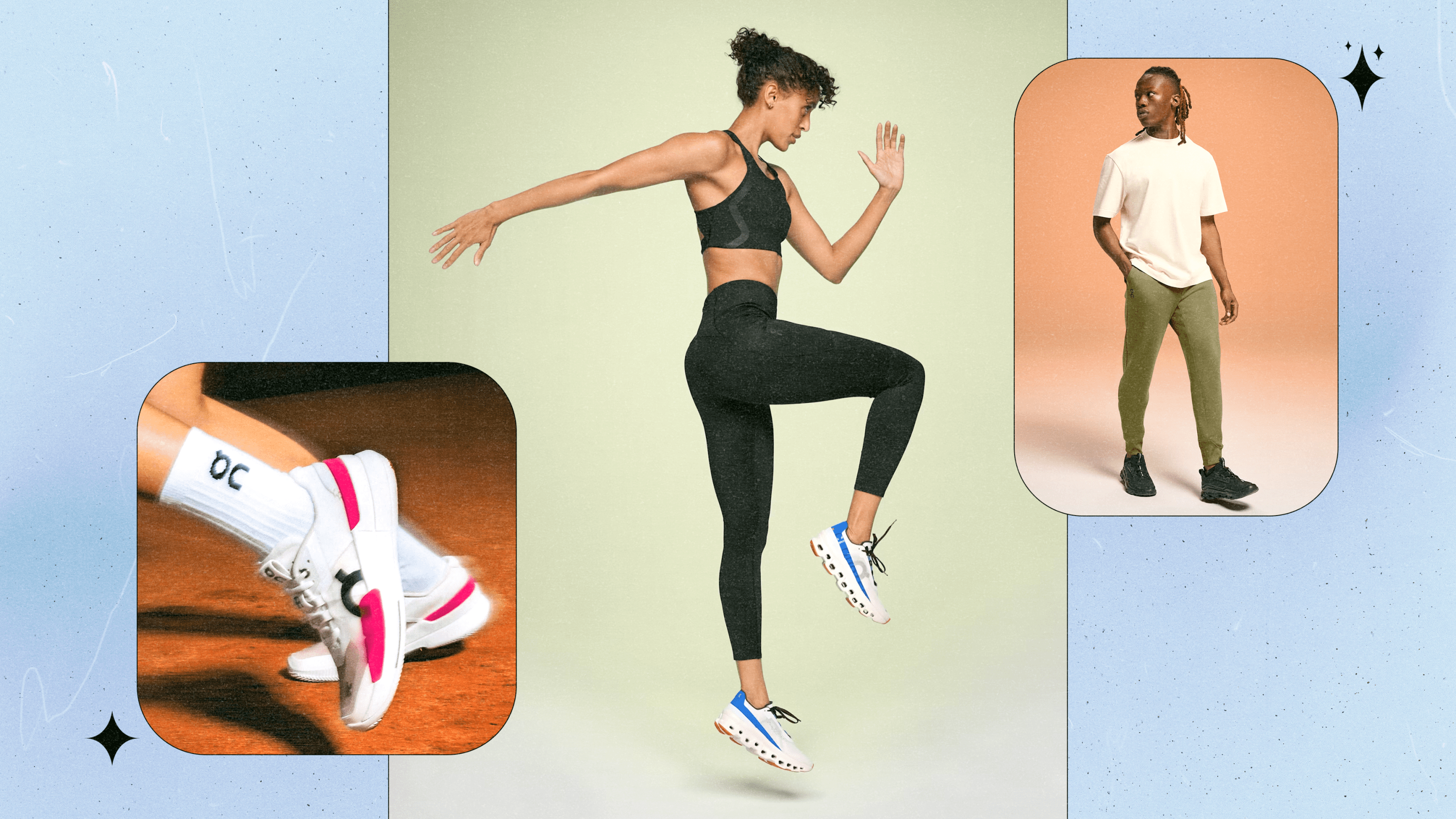 Left to Right: a close up of a model wearing On tennis shoes on a clay court; a model wearing black On leggings and a matching sports bra; a model wearing a cream On T-shirt and olive green sweatpants.