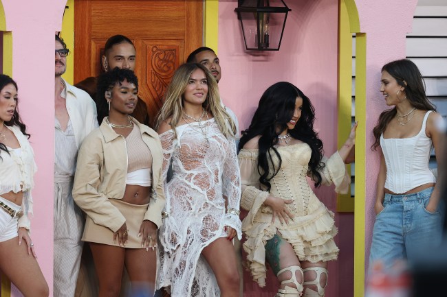 SANTA CLARA, CALIFORNIA - FEBRUARY 08: (L-R) Pedro Pascal, Karol G, Cardi B and Jessica Alba perform onstage during the Apple Music Super Bowl LX Halftime Show at Levi's Stadium on February 08, 2026 in Santa Clara, California.