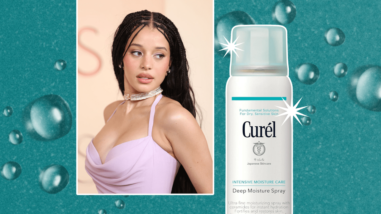 A teal background with water drops and a photo of the Curel Deep Moisture Spray and Chase Infiniti on the red carpet.