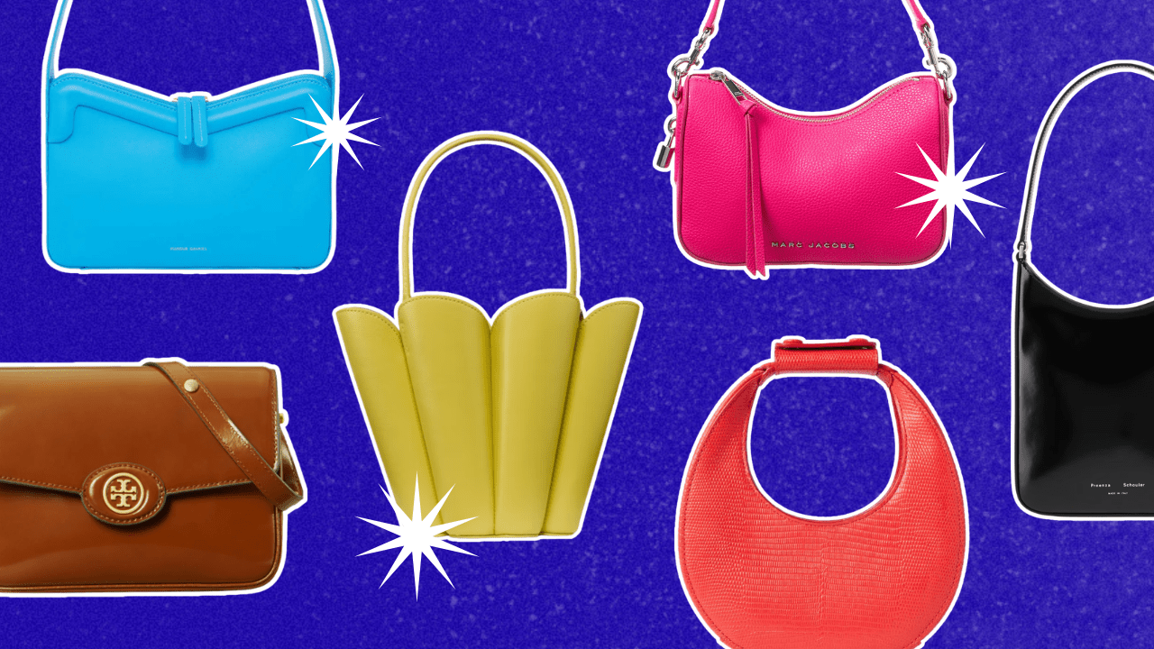 A navy background with six colorful designer handbags.