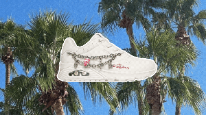 A photo of palm trees with four Skechers shoe styles alternating.