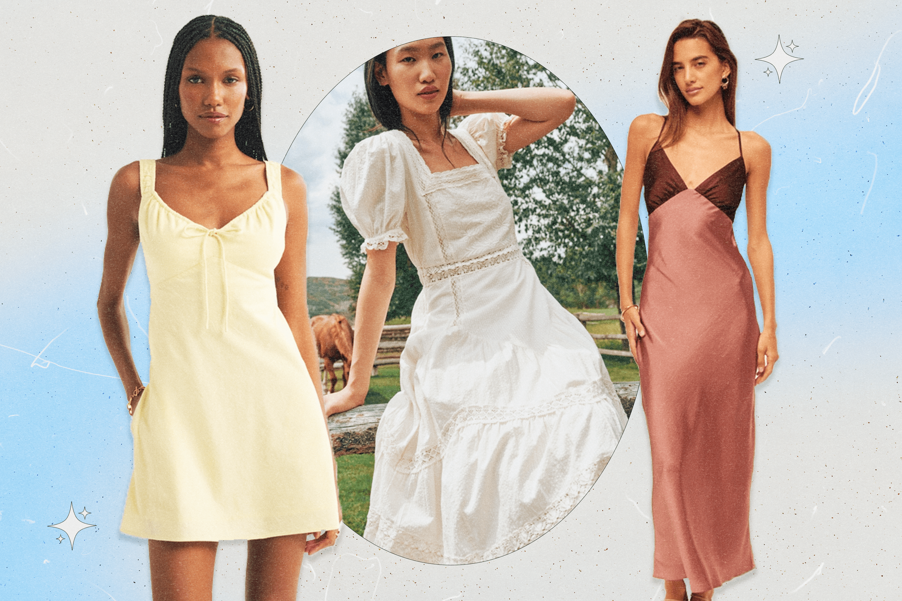 A collage of three models wearing Abercrombie spring 2026 dresses