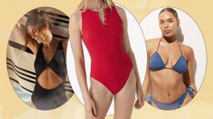 A collage with three models wearing swimsuits that don't dig in