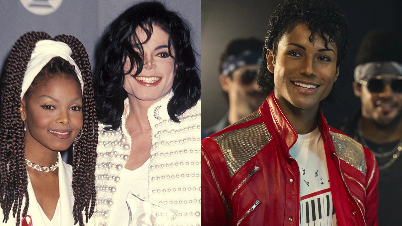 Janet Jackson and Michael Jackson; Jaafar Jackson as Michael Jackson in 'Michael.'